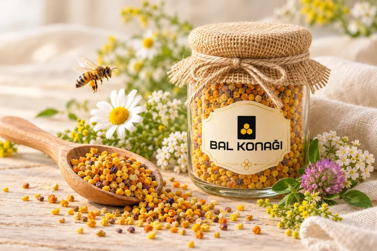 Balkonağı kavanozunda renkli arı poleni granülleri, çiçekler ve bal arısı