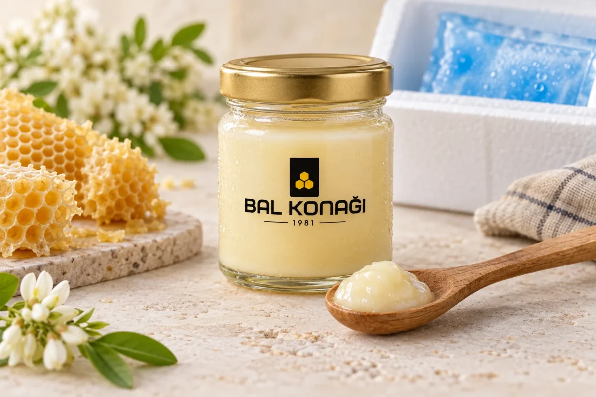 Soğuk zincir ortamında Balkonağı arı sütü kavanozu ve ahşap kaşık