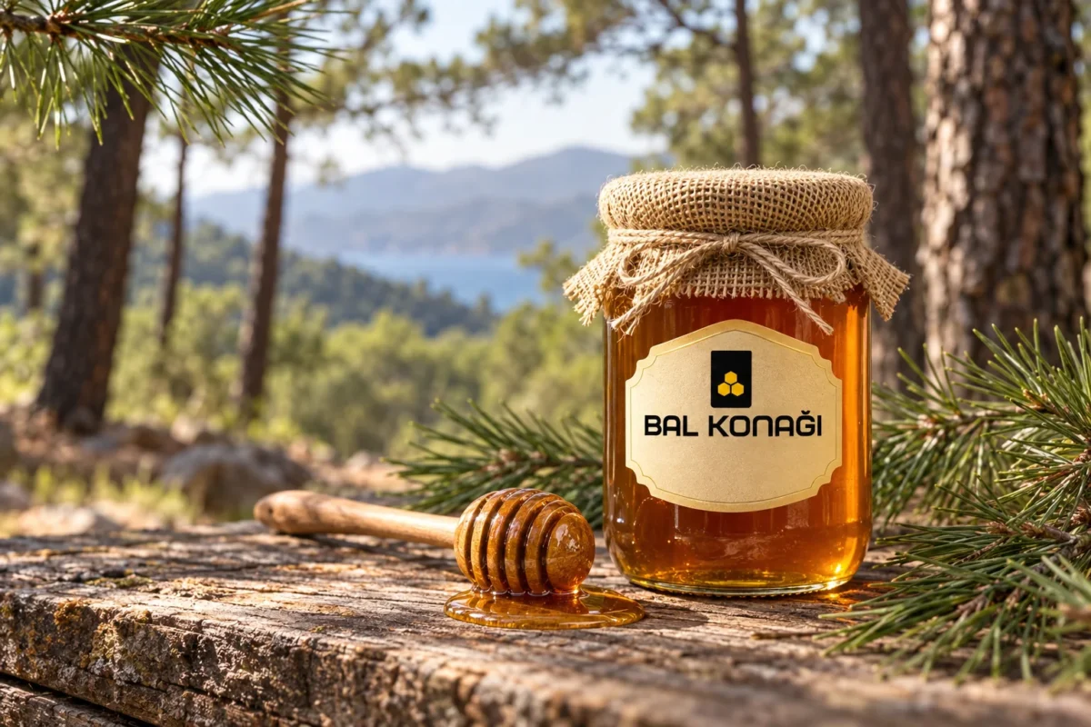 Çam ormanında Balkonağı koyu kehribar çam balı kavanozu