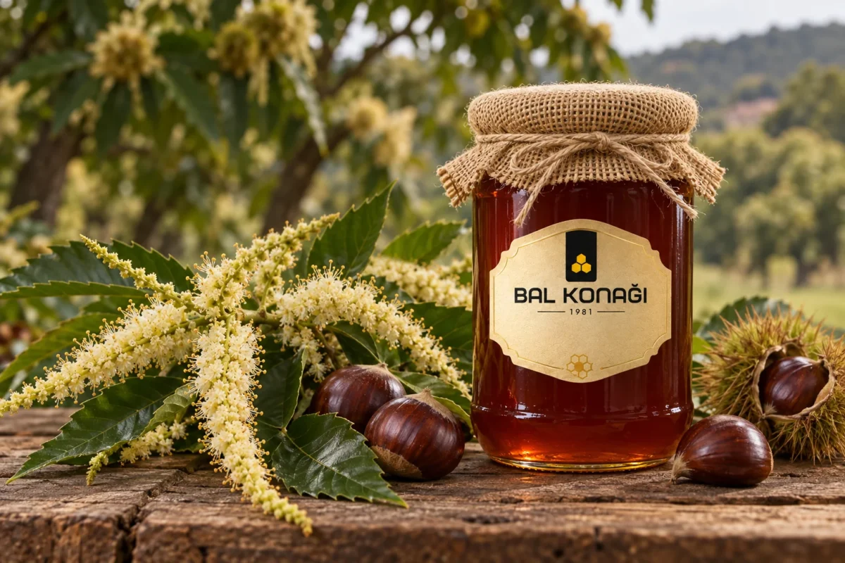 Kestane çiçekleri ve kestanelerle birlikte Balkonağı kestane balı
