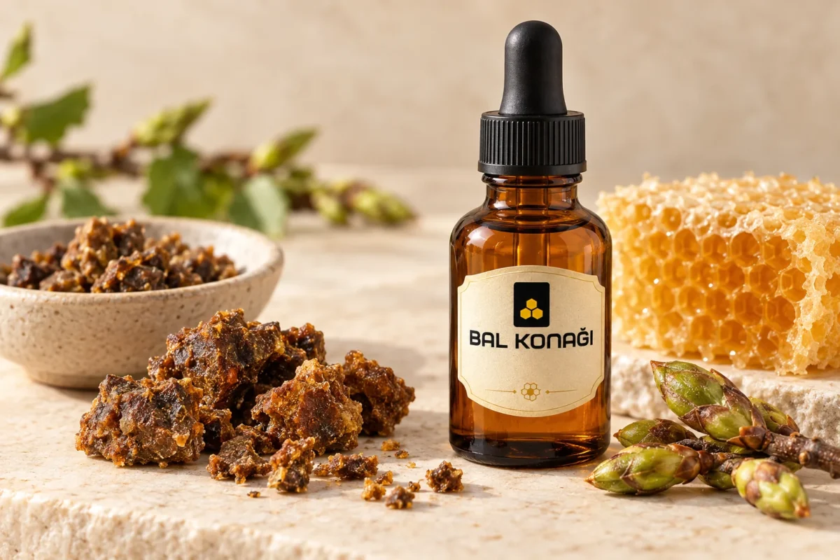 Balkonağı propolis şişesi, ham propolis parçaları ve bitki tomurcukları